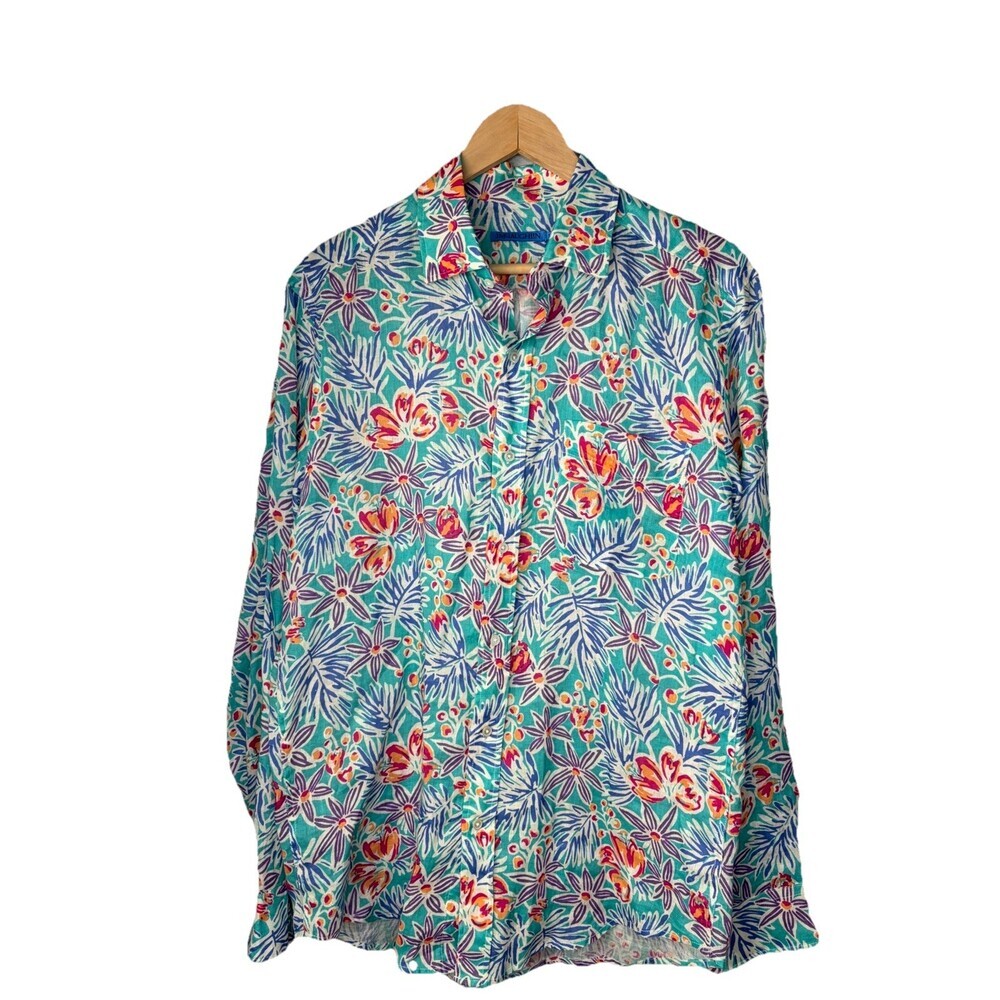 J McLaughlin Oversized 100% Linen Blouse Women’s Floral Turquoise Shirt Size S